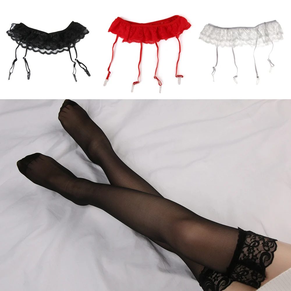 1Set Fashion Women Sexy Lace Soft Top Thigh-Highs Stockings + Suspender Garter Belt Black White Red Pink