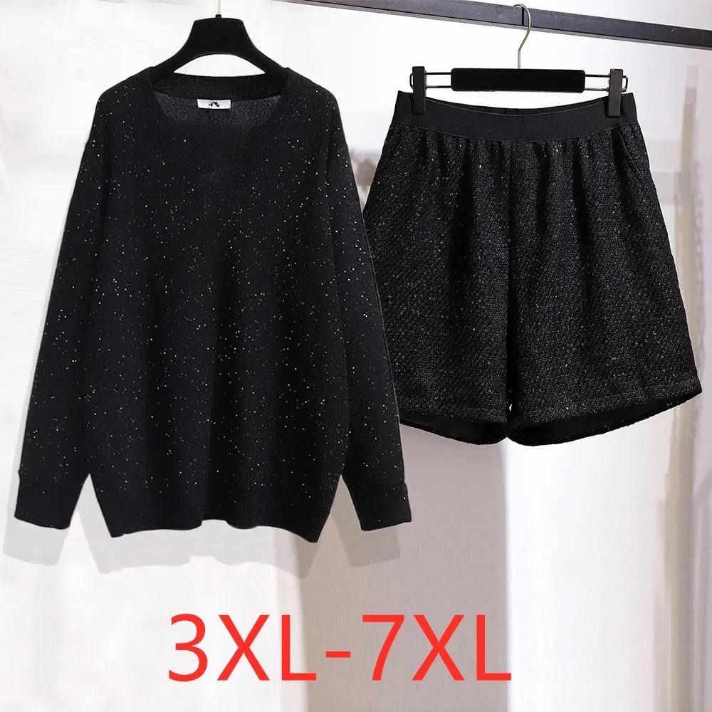 New Autumn Winter Plus Size Women Clothing Large Loose Black Sequins Knit T-shirt And Shorts Two Pieces Suit 4XL 5XL 6XL 7XL