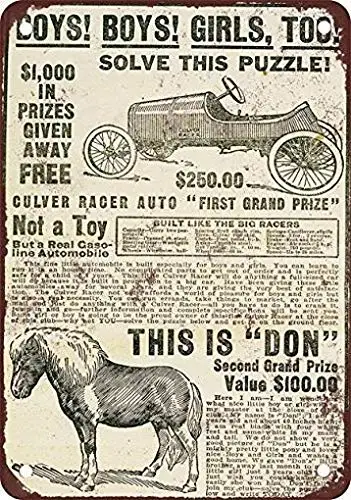

1918 решим головоломку и выиграйте автомобиль или лошадь, винтажная репродукция, металлический жестяной знак 8x12 дюймов