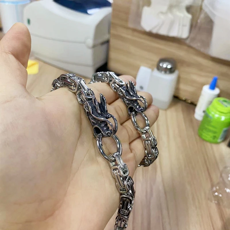 Snake Dragon Head Charm Pendant Jewelry Set Punk Skull Charm Stainless Steel Double Link Long Necklaces and Bracelet Men Jewelry