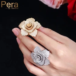 Pera New Style Famous Brand Jewelry Big Flower Shape Cubic Zirconia Yellow Gold Color Finger Rings For Women Evening Party R087