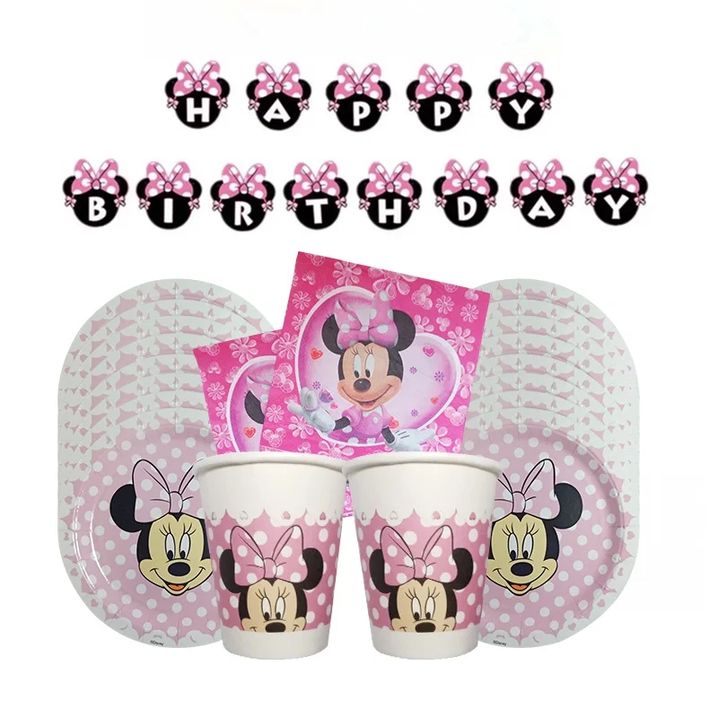 For 16 Kids Girls Birthday Party Supplies Disney Minnie Mouse Party Set Paper Garland Plates Cups Baby Shower Decoration 49pcs