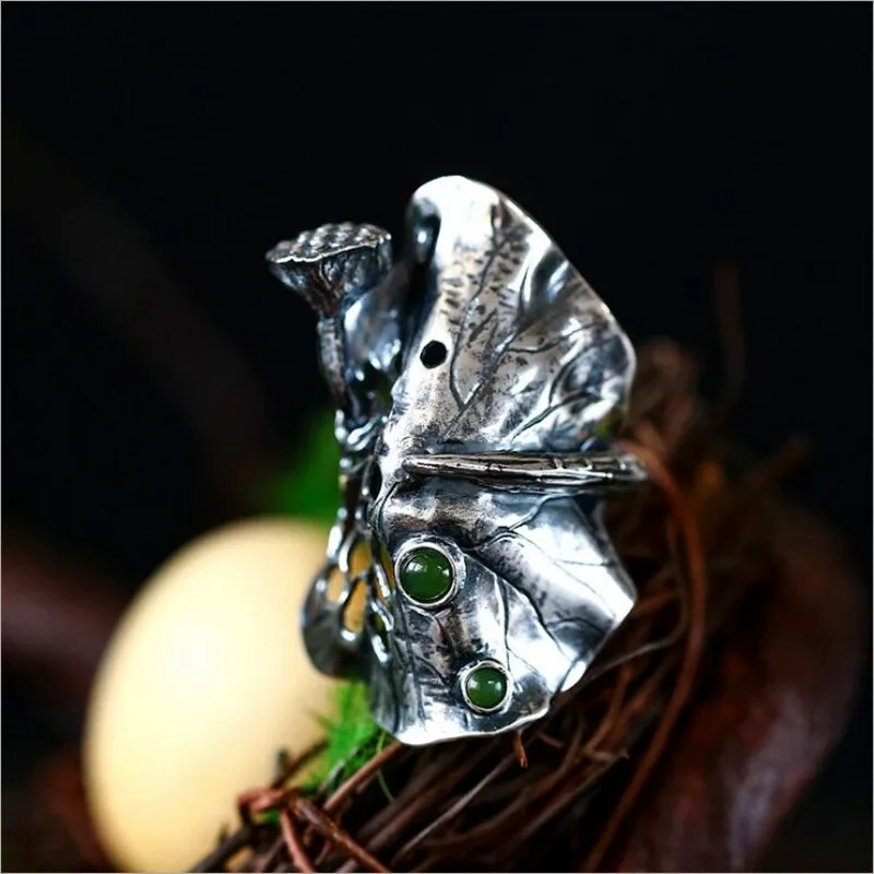 BOCAI New Real Solid S925 Silver Jewelry Woman Ring Hetian Jasper Autumn Rain LotusLeaf Ring