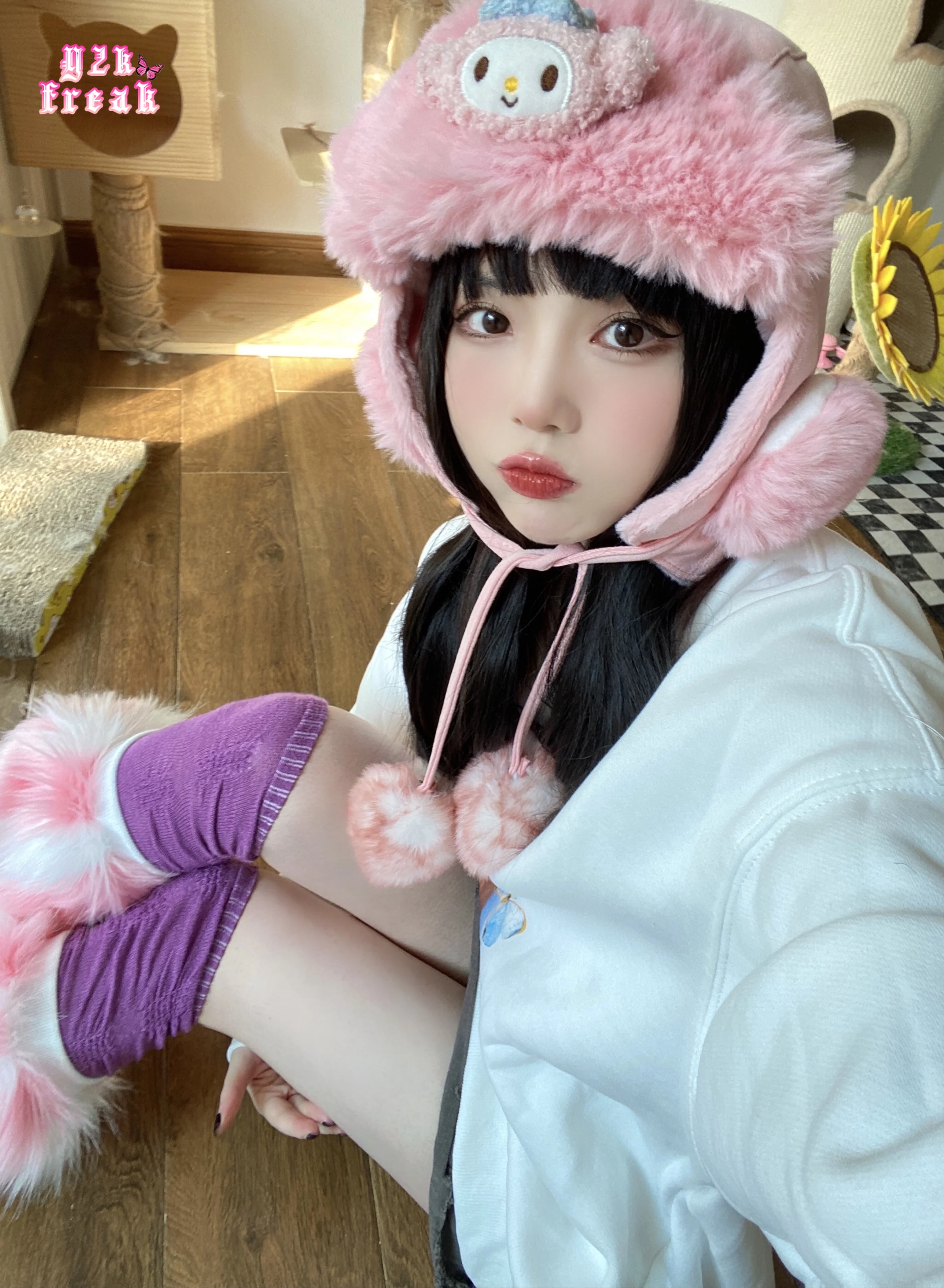 Y2K Fur Hat Warm Windproof  Lolita Gothic Punk Women Harajuku Girls Heart Beanie JK Pink Hat Softgoth Plush Beanies