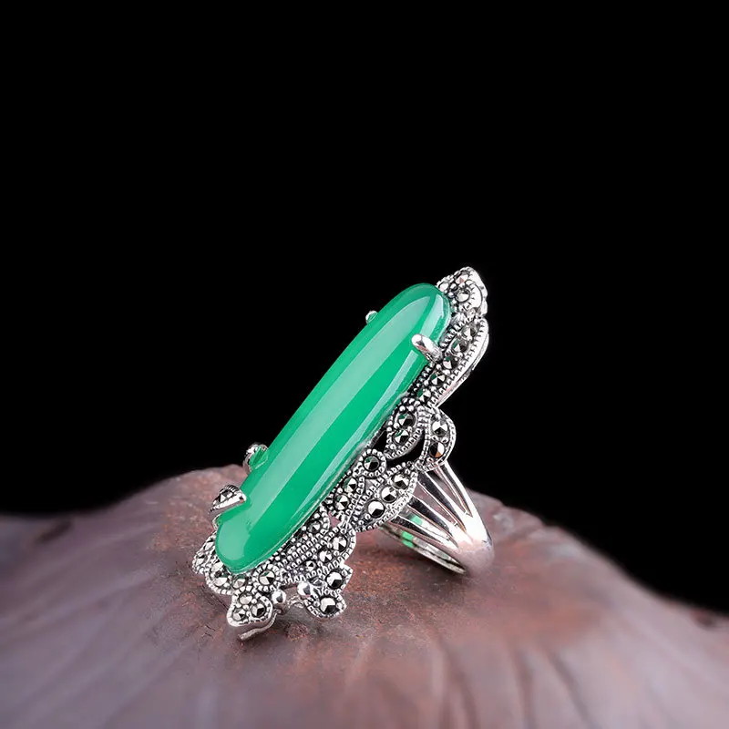 Uglyless Irregular Long Gemstones Rings for Women Colorful Chalcedony Rings Vintage Thai Silver 925 Silver Exaggerated Jewelry