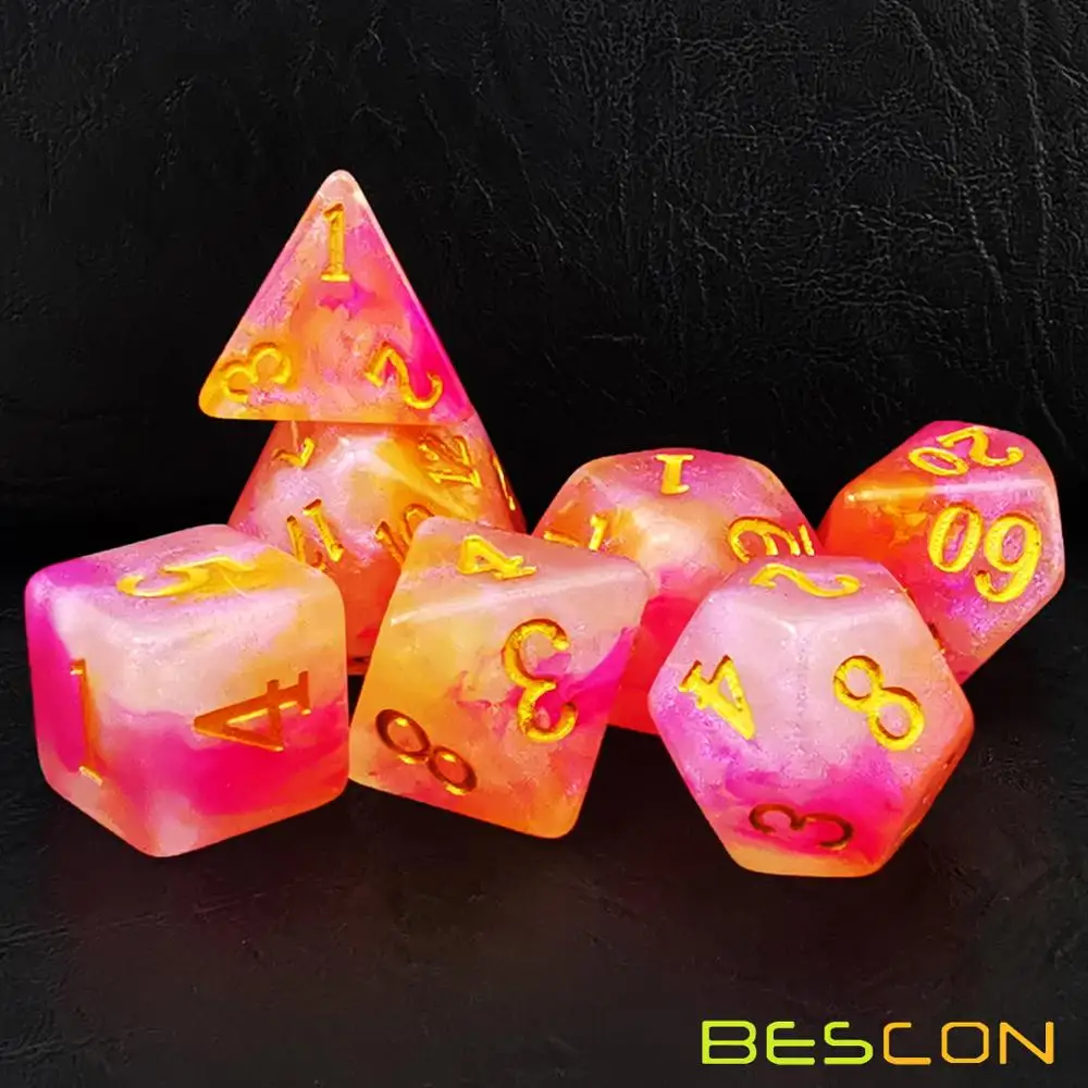 Bescon Magical Stone Dice Set Series, 7pcs Polyhedral RPG Dice Set Fairy Spirit, RoseQuartz, Gold Ore, Dragon Eyes