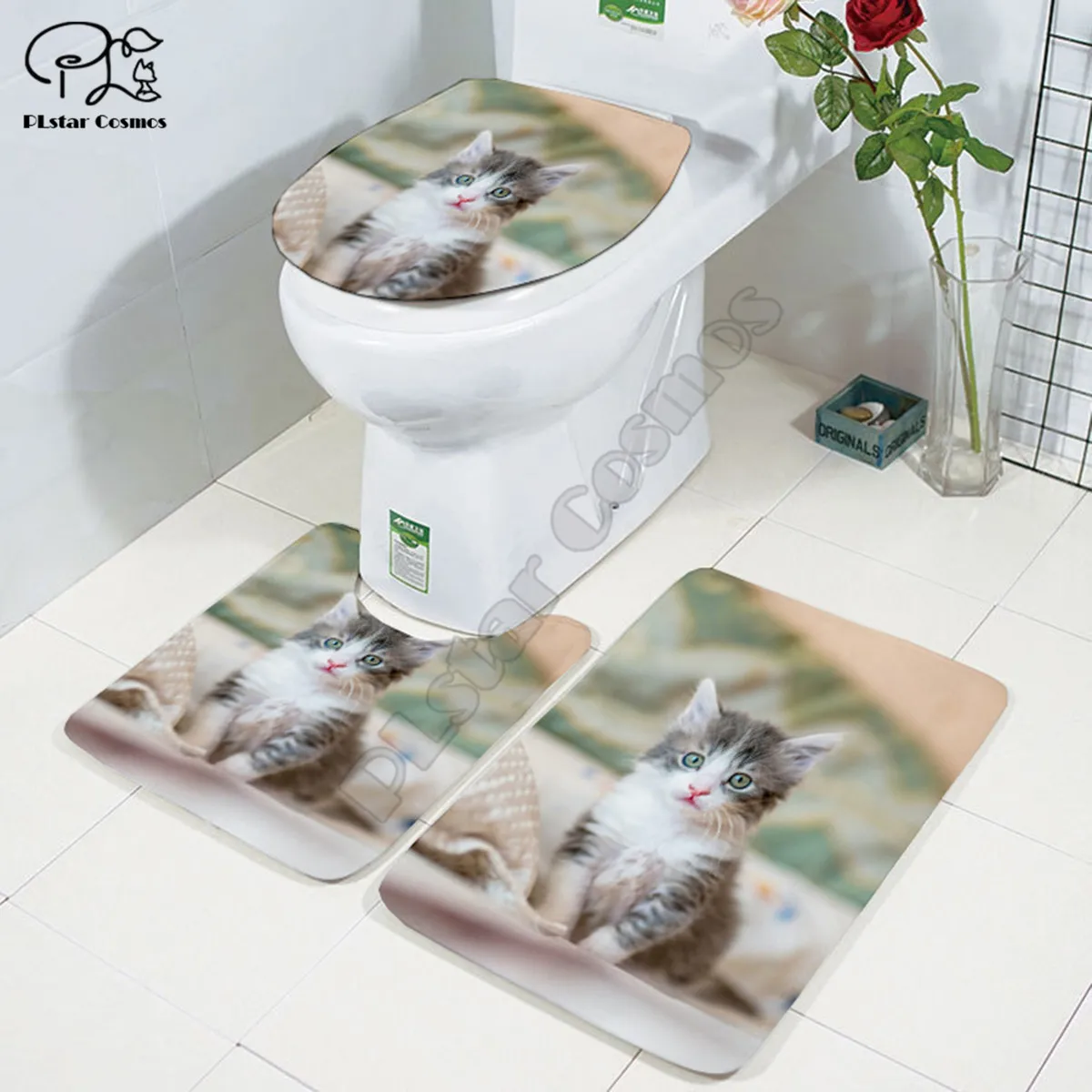 Cute cat pattern Cartoon funny Stitch 3D printed Bathroom Pedestal Rug Lid Toilet Cover Bath Mat Set drop shipping style-3