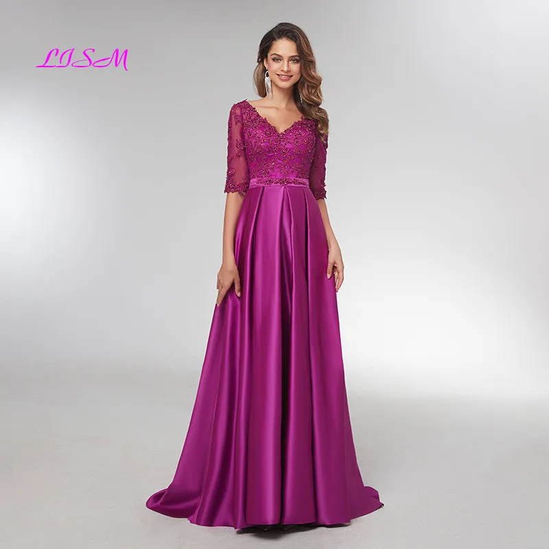 Purple Half Sleeves Evening Dresses 2020 Elegant Lace Appliqued Beaded Long Formal Gowns Illusion V-Neck Satin Prom Dress