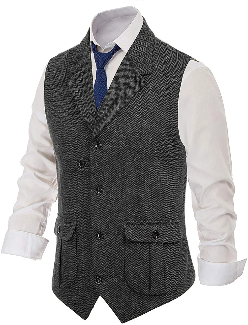 Mens Suit Brown Vest Lapel Wool Herringbone Retro Tooling Vest Waistcoat Casual Formal Business Groomman For Wedding Working