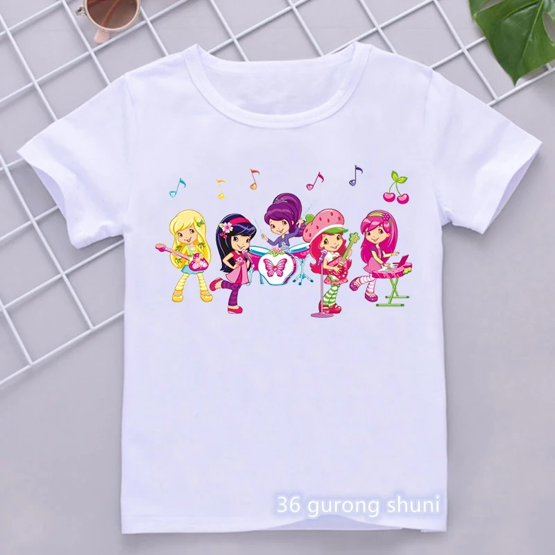 

New arrival 2024 girls t-shirt cute strawberry music girl cartoon print girls clothes summer children tshirt white camisole tops