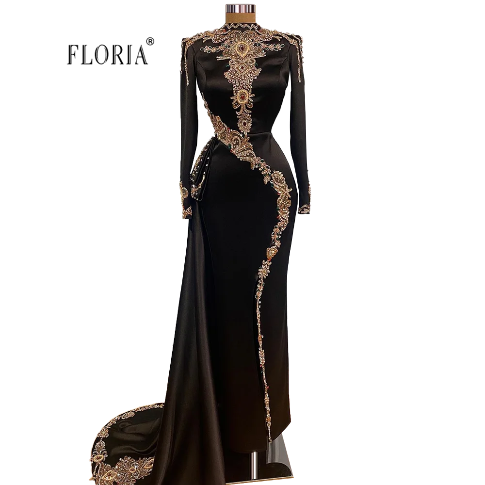 Abendkleider Muslim Black Long Sleeves Crystal Beaded Formal Evening Dresses Women Mother Wear Vestidos De Noche Sheath Dress