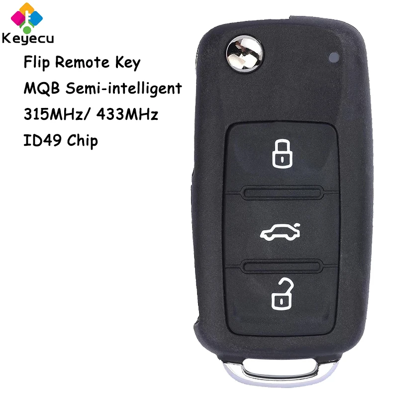 KEYECU Modified Flip Remote Car Key With 3 Buttons 315MHz/ 433MHz ID49 Chip HU66 Blade - FOB for Volkswagen MQB Semi-intelligent