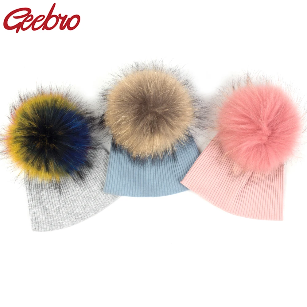 Geebro Newborn baby Winter Solid Color Ribbed Beanies hats With 15 cm Real fur pompom New Girls Boys Kids Cute Cotton skully hat