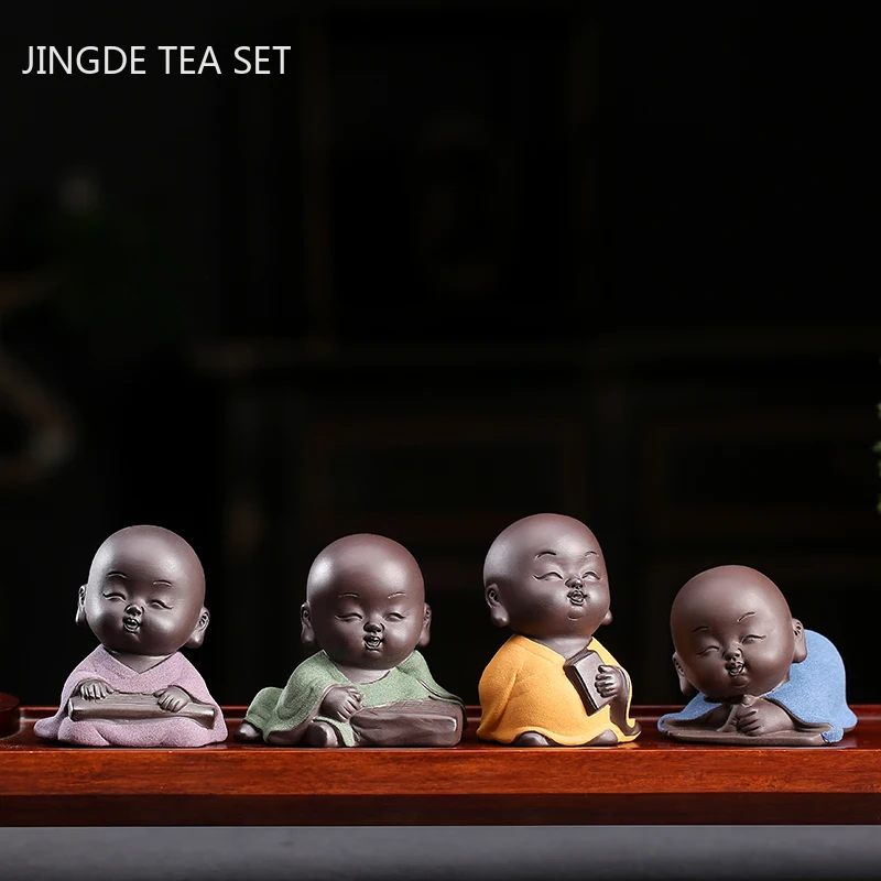 Chinese Purple Clay Tea Pet Lovely Small Buddha Monk Figurine Ornament Home Tea Table Decoration Accessories Handmade Crafts