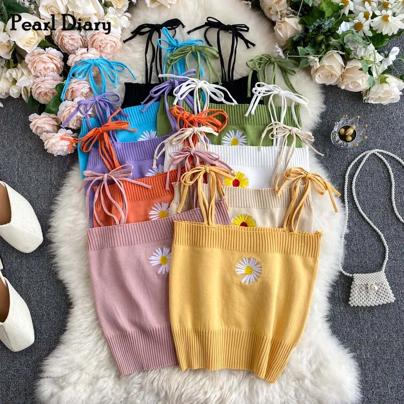 Pearl Diary Knitting Tops Summer Spaghetti Strap Daisy Embroidery Crop Tops Tied Bow Strap Solid Sweet Short Top For Women