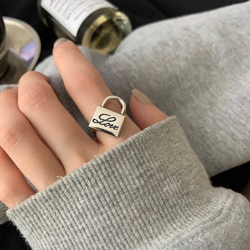 LIVVY Silver Color New Trendy Simple Ring for Women Fashion Creative Letter Square Lock Ring Birthday Party Jewelry Gift