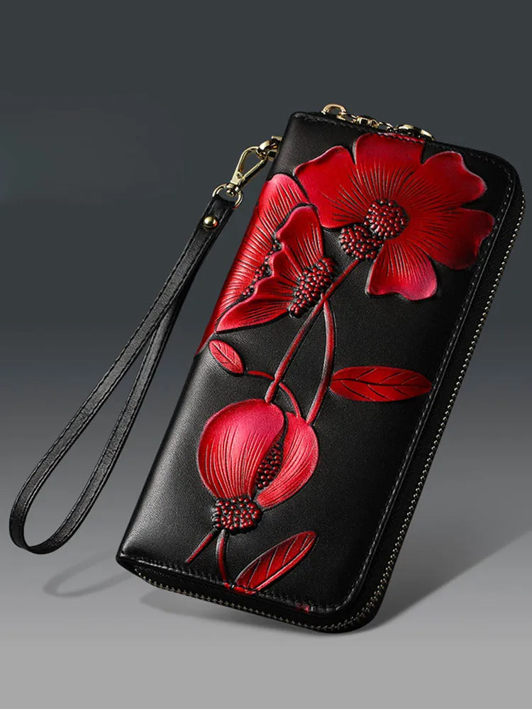 Women Genuine Leather wallet  Flower long Cowhide leather zipper Wallets High Quality Fashion Personality Clutch Bag