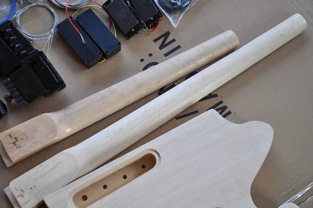 DIY Semi-Finished Double Necks Electric Guitar Kits without Paint,Maple Fretboard,Flame Maple Veneer