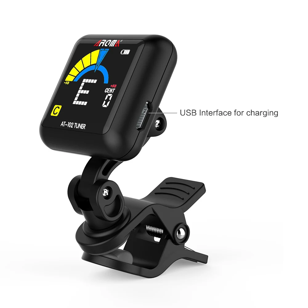 AROMA AT-102 Rechargeable Clip-on Guitar Tuner Color Screen with Built-in Battery USB Cable for Chromatic Guitar Bass Ukulele