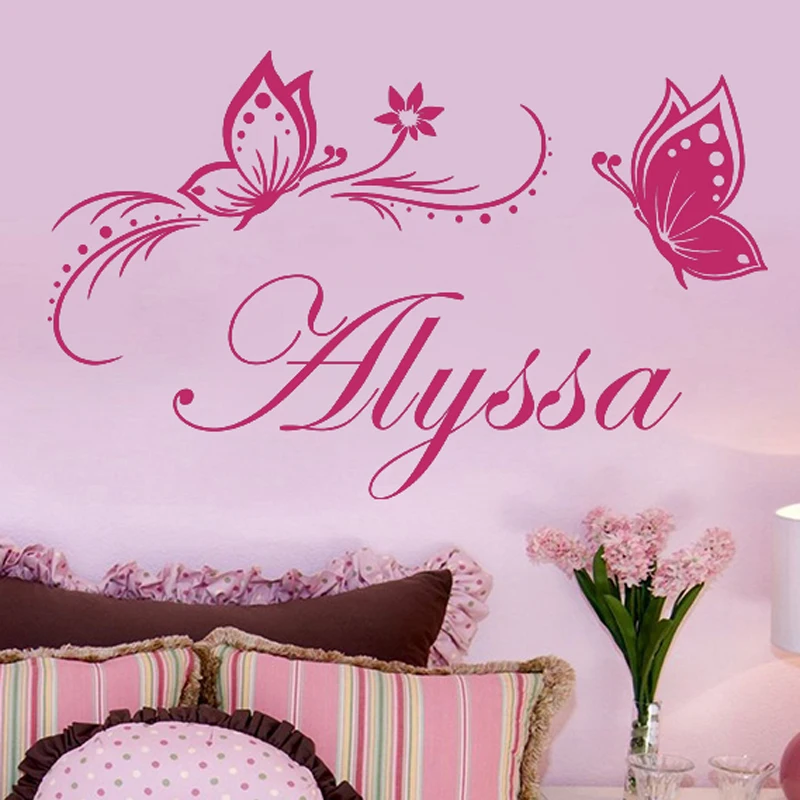 JJRUI Personalized Custom Name Flower Butterfly Dream Girls Bedroom Wall Stickers Vinyl  Home Decals 31.5x19.7in