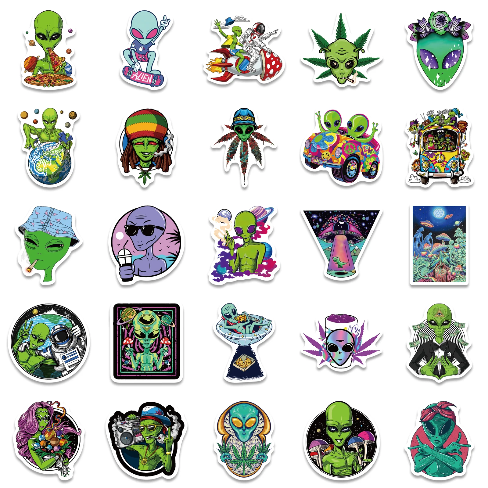 50PCS Psychedelic Weed Alien Sticker Funny Characters Leaves Graffiti Stickers Bike Travel Luggage Guitar Laptop Cool Sticker