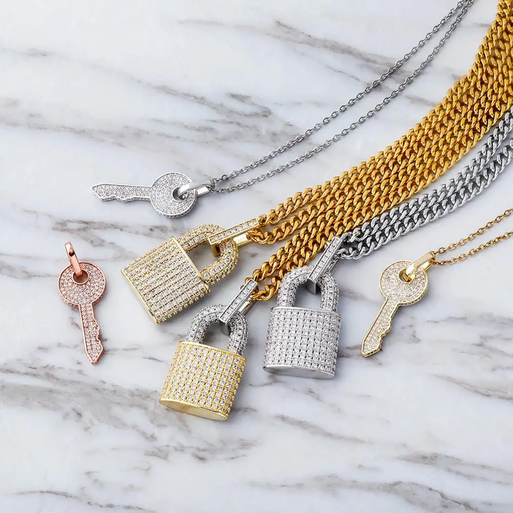 Hip Hop Prong Setting AAA CZ Stone Bling Iced Out Key Lock Pendant Necklace for Women Men Lovers Jewelry