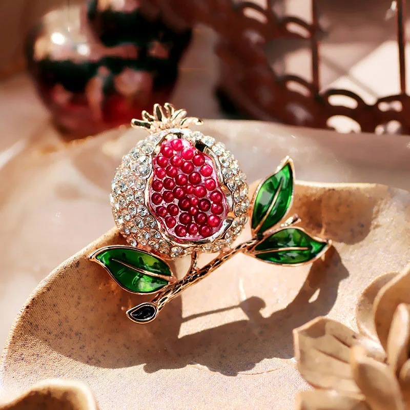 FARLENA Jewelry  Cute Enamel Red Pomegranate Scarf Pins for Women Banquet Weddings Accessories Fashion Rhinestones Brooch