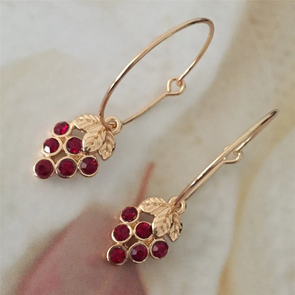 Cute Earrings Gold Color Hoop with Red Grape Shape Pendant Earrings for Girl Friend Best Gift