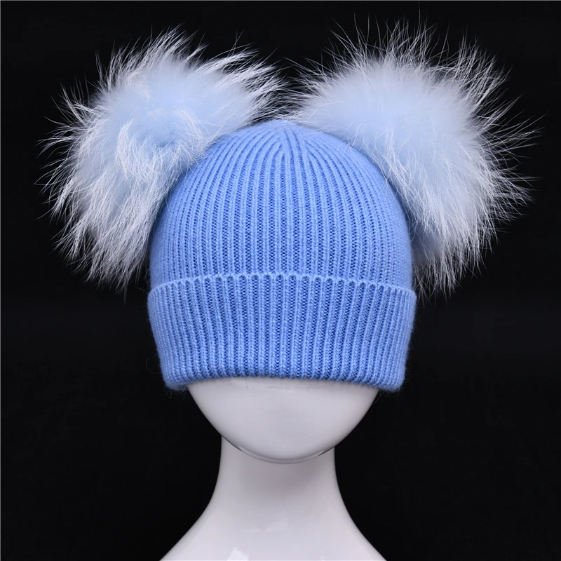 Children\'s Winter Toddler Baby Kids Cashmere Knitted Hat Beanie with 2 Double Real Fur Pom Poms Ears Hat for Boys and Girls