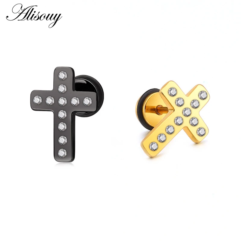 Alisouy 2pc Fashion Gothic Stainless Steel Crystal CZ Cross Stud Earring Round Fake Ear Taper Women Unisex Men Piercing Jewelry