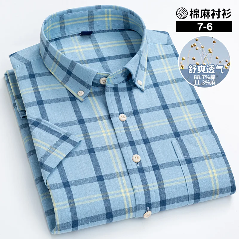 

Pure Color Striped Plaid Shirt Hemp Shirt Cotton Linen Mens Shirts Short Sleeve Summer Casual Loose Shirts for Men Clothing