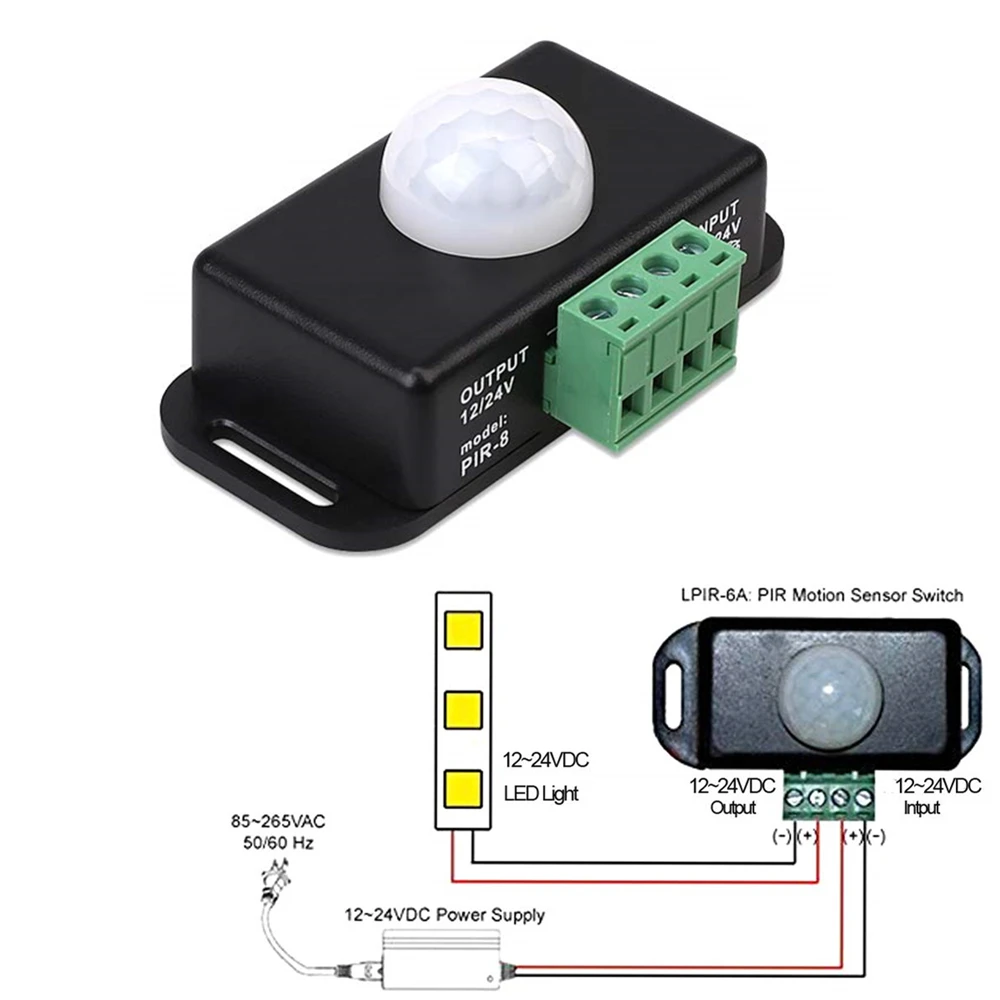 Interruptor automático do sensor de movimento PIR ajustável, detector infravermelho IR, Módulo interruptor de luz para LED Strip Light, Lâmpada, DC