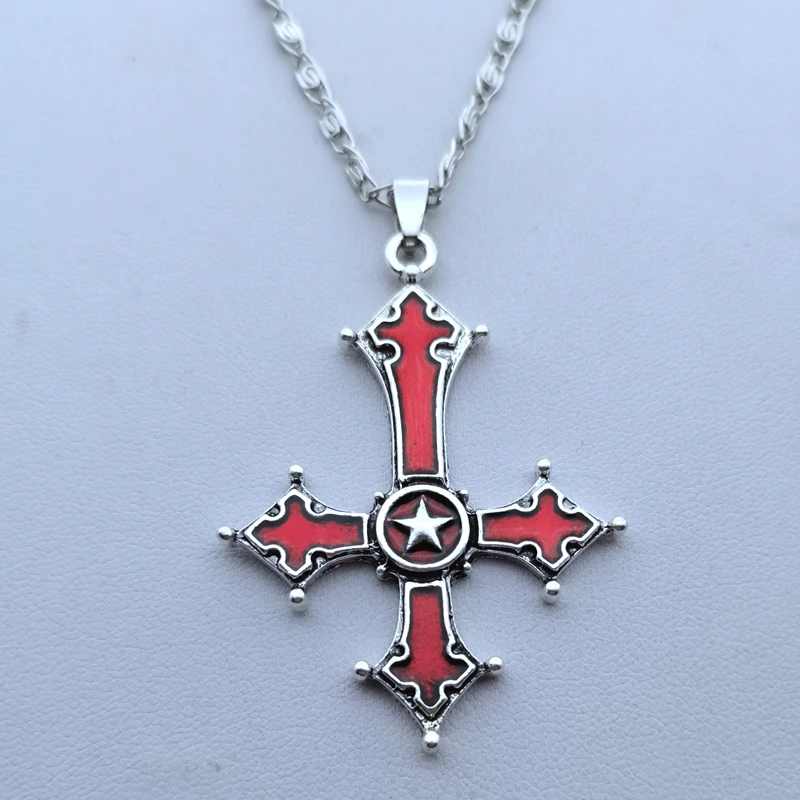 Red Bloody Inverted Cross Pendant Necklace Vintage Gothic Cross Pendant Necklace Devil Lucifer Satan Satanic Jewelry