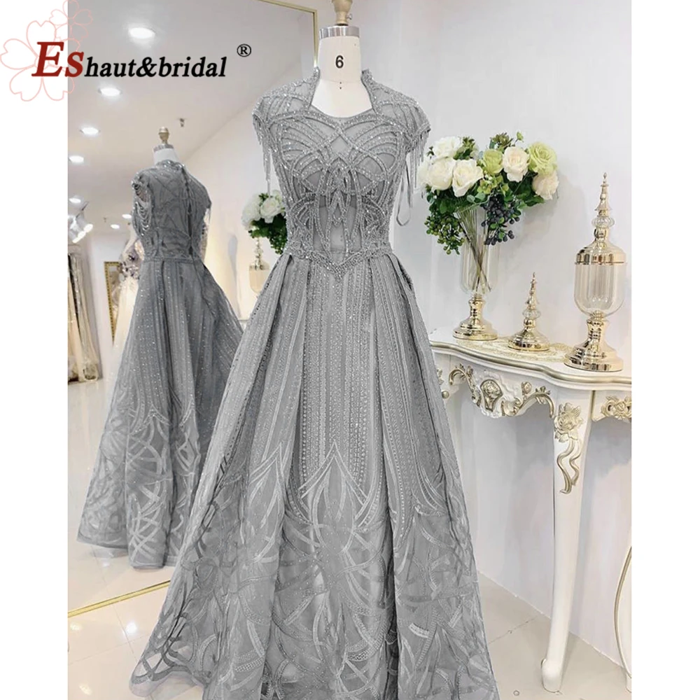 Elegant Dubai Lace Evening Night Dress for Women 2023 High Neck Sleeveless Aline Crystal Handmade Formal Wedding Prom Party Gown