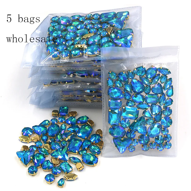 Best seller Wholesale 5 bags mixed shape sew on glass Lake Blue AB gold base rhinestones diy dress/Clothing accessories