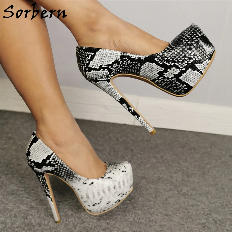 

Sorbern Black And White Snake Print Pump Women High Heel Platform Heels For Women Wedding Party Shoes Pointy Toes Custom Big