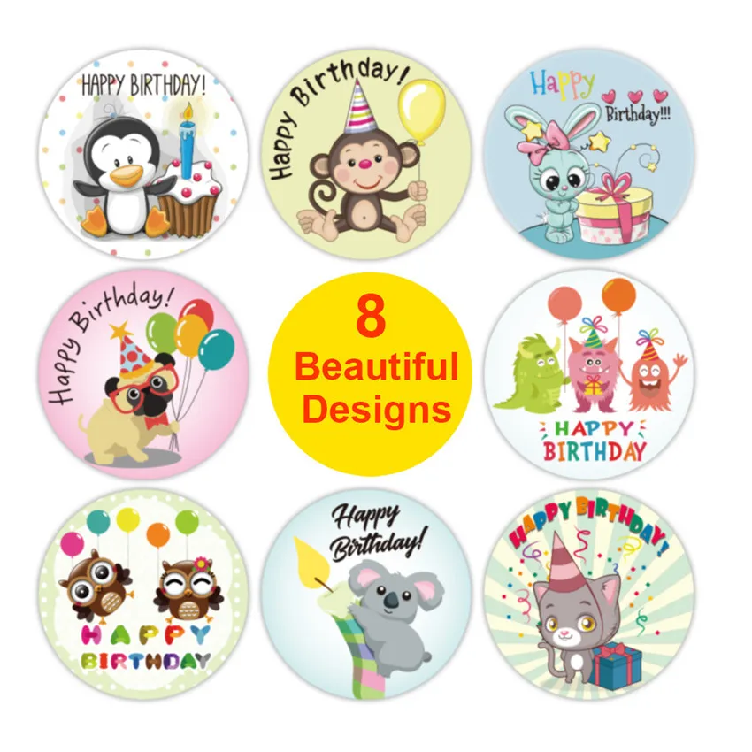 Cartoon animals Happy Birthday Stickers for Party Decor Envelope Sealing Label Gift Packing Adhesive Sticker Greeting card label