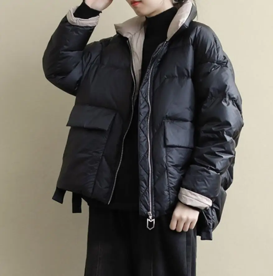 2021 New Autumn Winter Oversize Duck Down Coat Women Thick Short Casual Fashion Pockets Puffer Jacket Parkas q435