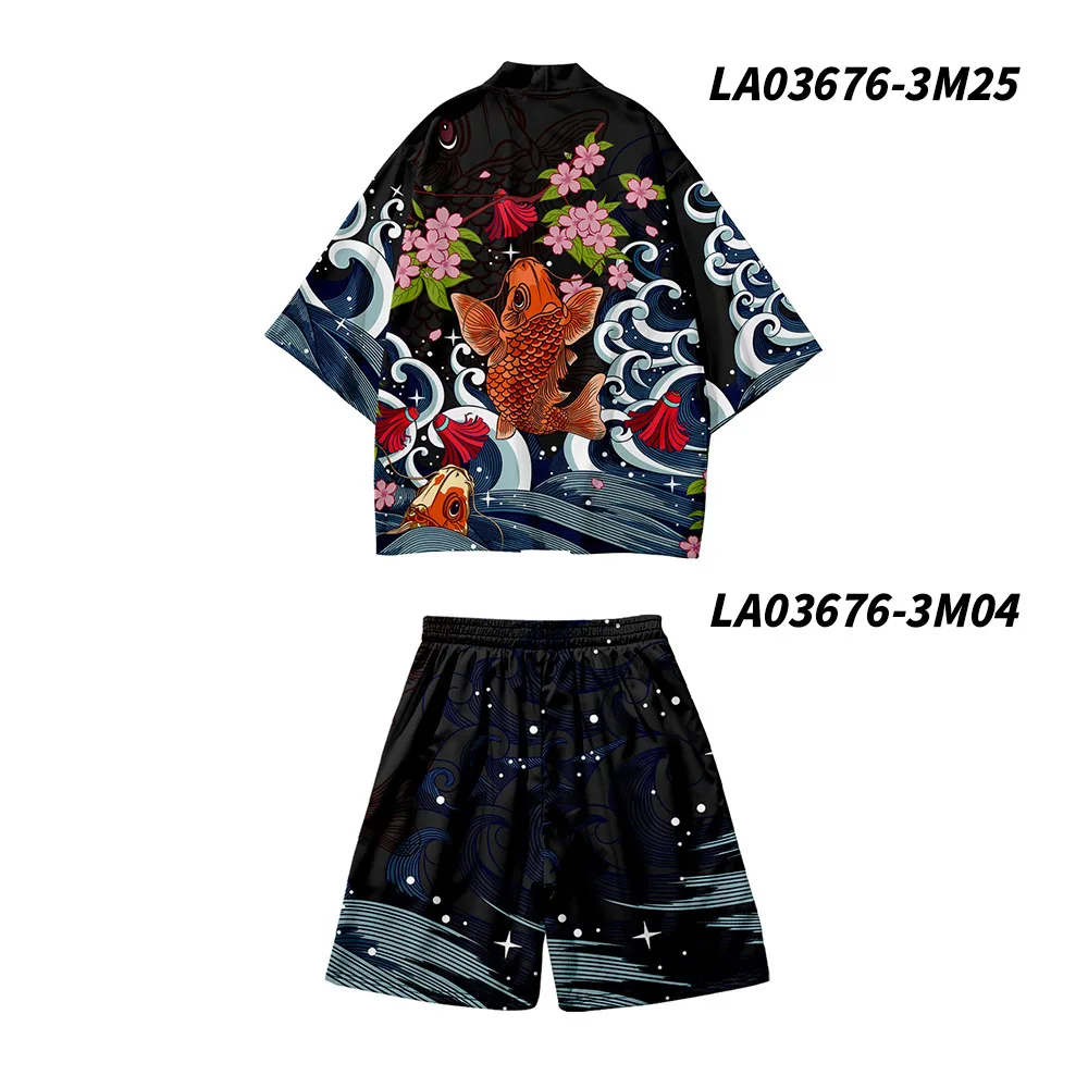 Harajuku Carp Print Cardigan Haori Cosplay Kimono Shorts Sets Japanese Traditional Clothes Shirt Women Men Two-piece Suit Yukata