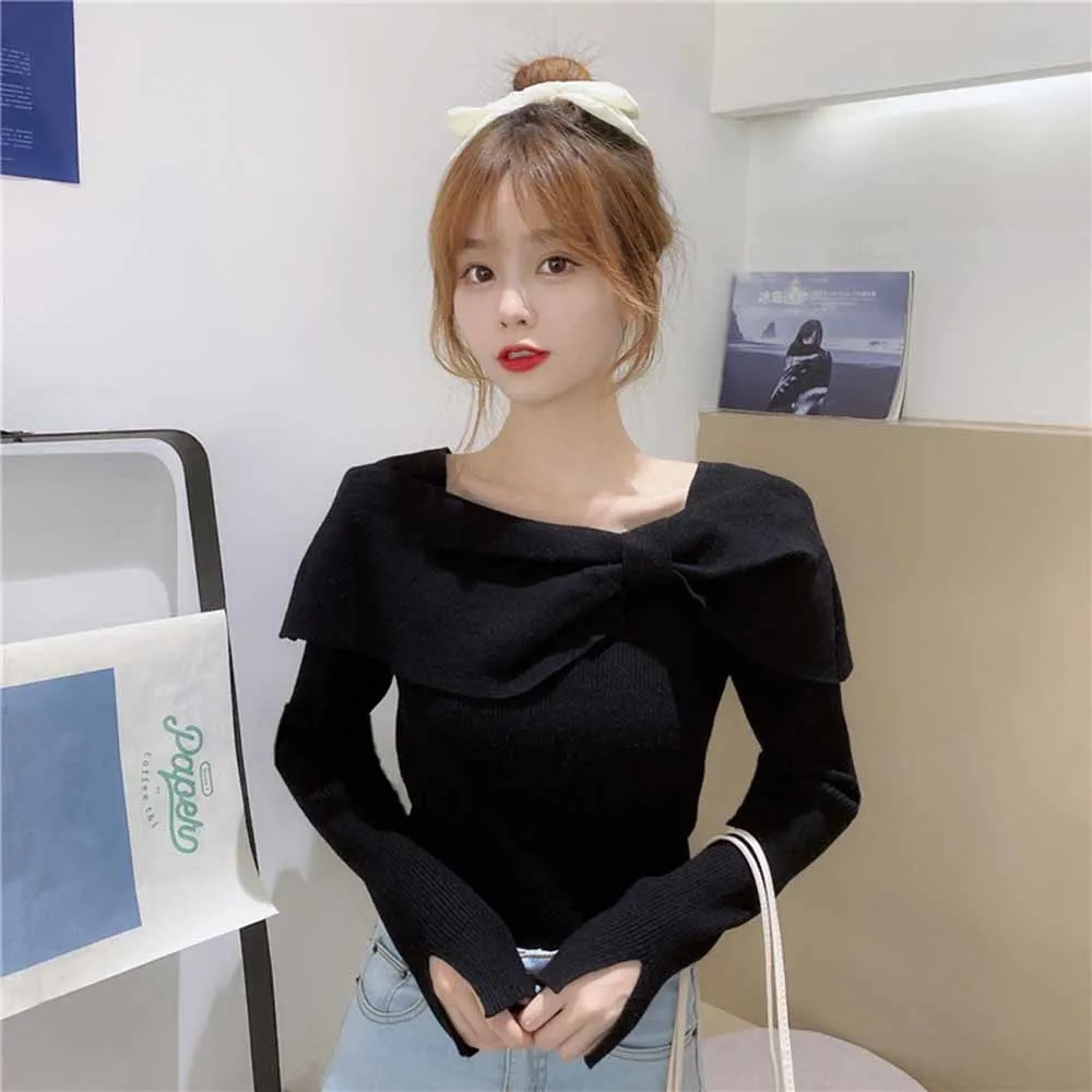 Korean Bowknot Slash Neck Women Slim Knitwear Solid Long Sleeve Knitted Tops 2021 Spring Femme Pull Jumpers