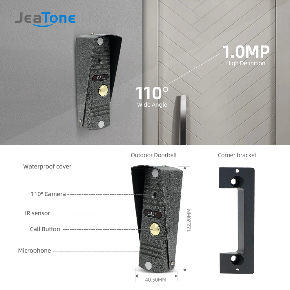 JEATONE 4-Wired Video Door Phone 720P Door Bell Waterproof Wide view angle lens For Video Intercom System