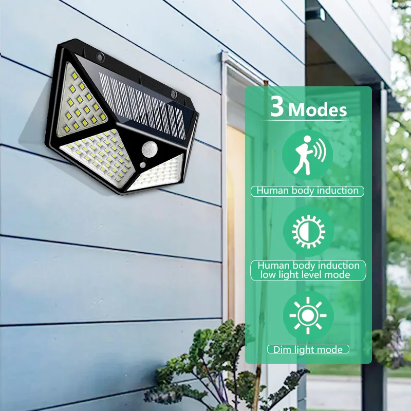 

100 LED Solar Light 3 Modes PIR Motion Sensor Sunlight Powered Wall Lamp Outdoor Waterproof Garden Decoration Wide Angle Light