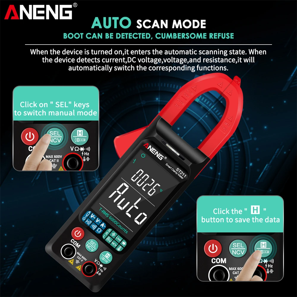 จอแสดงผลขนาดใหญ่หน้าจอ6000นับ ST211 Digital Clamp Meter มัลติมิเตอร์ DC AC แรงดันไฟฟ้าเครื่องทดสอบ Amp Hz NCV Ohm test