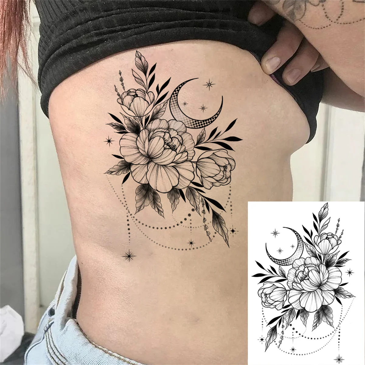 Pendant Flower Temporary Tattoos For Women Adult Fake Jewelry Tattoo Sticker Peony Black Henna Moon Large Thigh Tatoo Waterproof