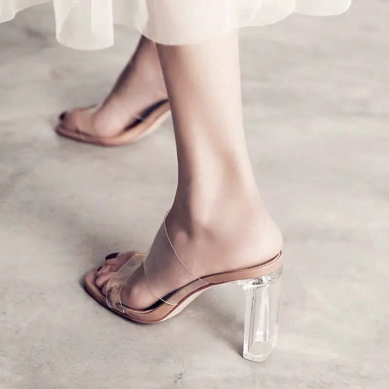 Summer Women Pumps Sandals 9cm Jelly Slippers Sexy Open Square Toe High Heels Women Transparent Slippers Shoe Heel Clear Sandals