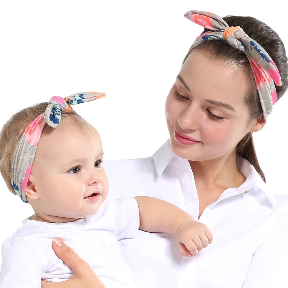 NASHAKAITE 2Pc/Set Mommy and Me Headband Floral Print Hair Accessories Mom And Daughter Mother And Baby Rabbit Ears Headbands