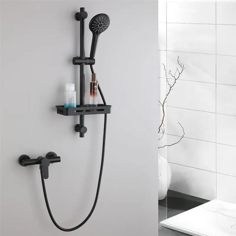 

Luxury Matte Black Rainfall Shower Faucet Set Single Lever Bathtub Shower Mixer Faucet & Storage Shelf Shower Mixer Water Tap