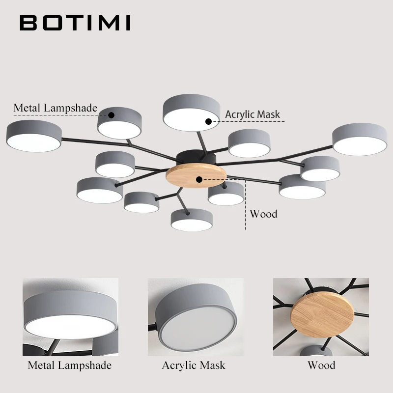 BOTIMI New Arrival Modern LED Chandelier With Round Gray Metal Lampshades For Living Room Nordic Ceiling Mounted Bedroom Lustre