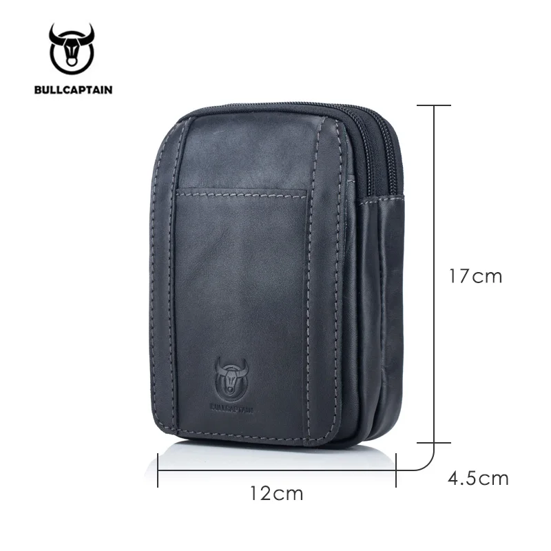 BULLCAPTAIN Leather Men\'s Casual Waist Bag Cowhide Fashion Hook Waist Bag Suitable For Cigarette Case 5.5 Inch Mobile Phone Bag