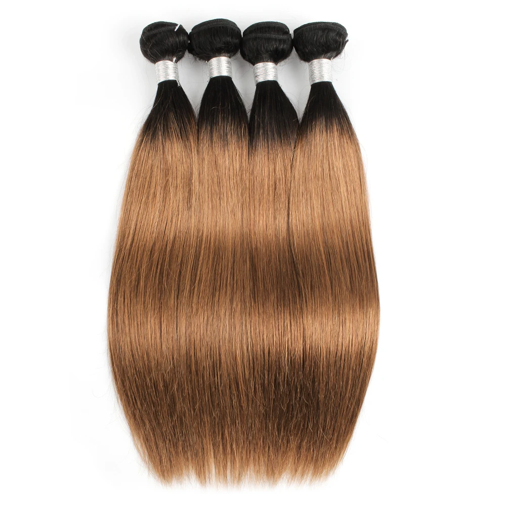 

T1B30 Straight Human Hair Bundles 1/3/4Pcs Ombre Colored Medium Abnurn Hair with Dark Roots Remy Brazilian Human Hair Extension